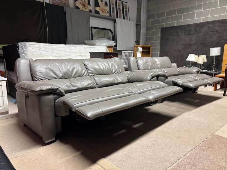 ELECTRIC RECLINER Grey Leather 2 and 3 Seater Sofas excellent condition 