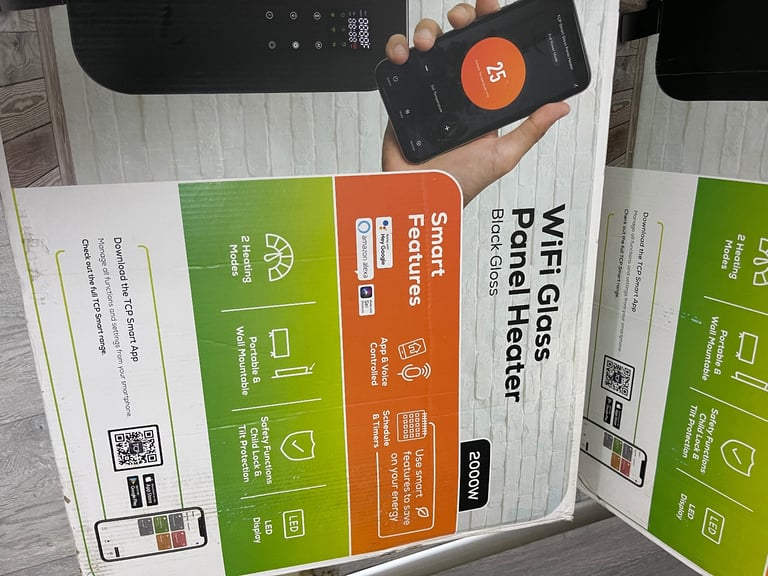 TCP Smart Glass Panel Heater 2000w Black with App, WiFi, 2 Heat Modes, Voice Control works 
