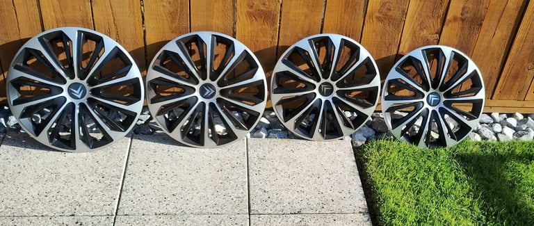4 x 15inch steel wheels, tyres and wheel trims, all VGC, PCD 4x108 (Berlingo/Partner van).