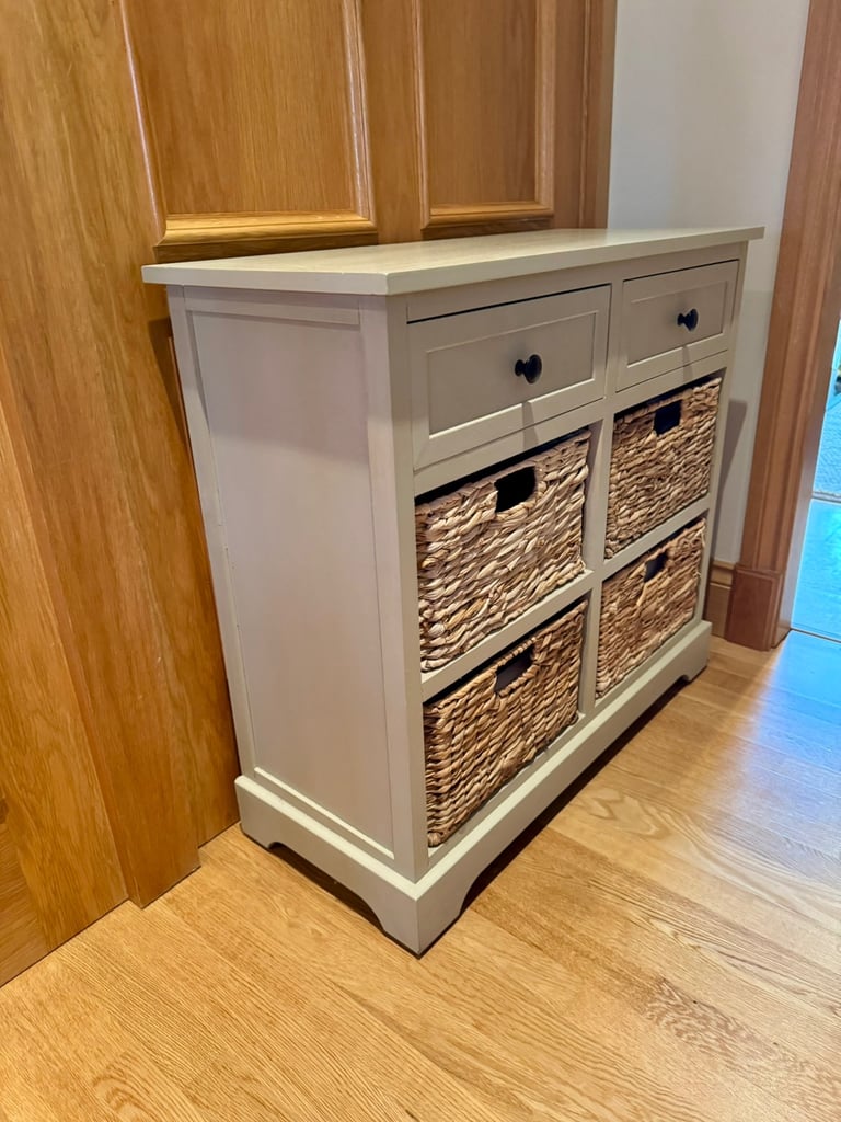 Grey Wooden Storage Unit 2 Drawer & Baskets - As New