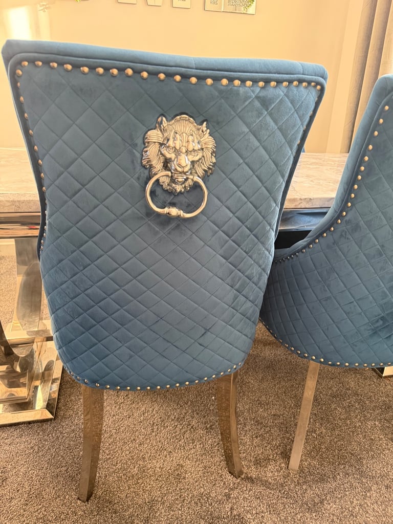 Grey marble table + 6 navy blue chairs