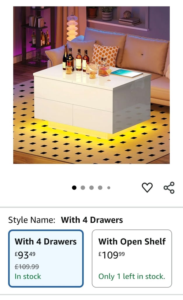 image for White Gloss Coffee Table with lift up tops for storage 4 drawers and led lights.