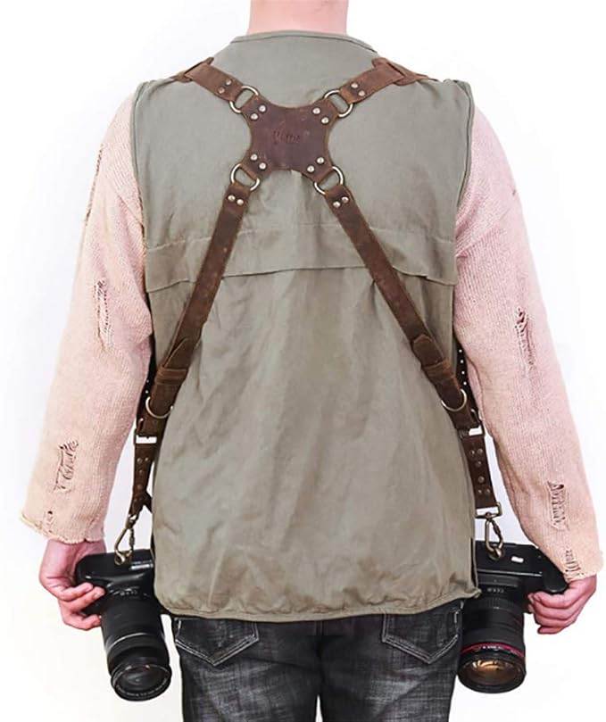 Camera Strap Accessory For Two Cameras Adjustable Dual Shoulder Leather Harness