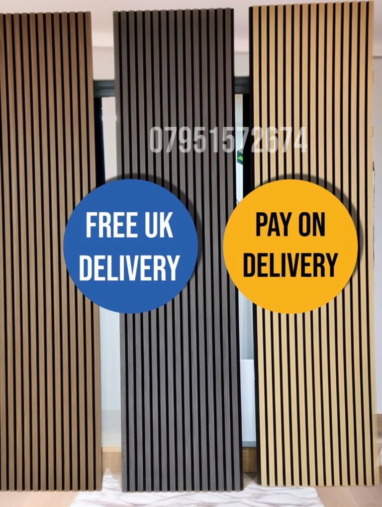 image for Luxury Acoustic Slat Wall Panels – Acoustic | 240x60 Media Wall Walnut,Grey, Oak FREE Delivery