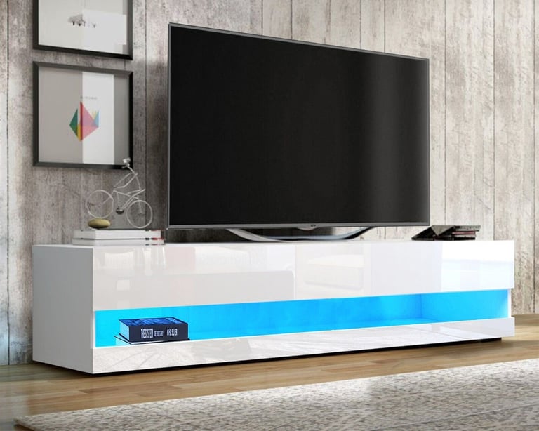 New 140cm Modern TV Unit TV Stand White High Gloss Doors With Free LED Light in
