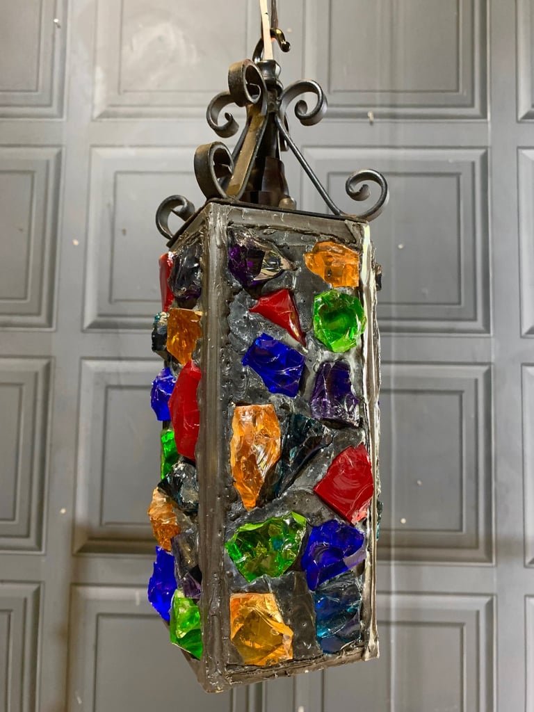 SOLD Pair of Vintage Mid Century Peter Marsh Leaded Rock Glass & Wrought Iron Lantern Lamps 50s 70s