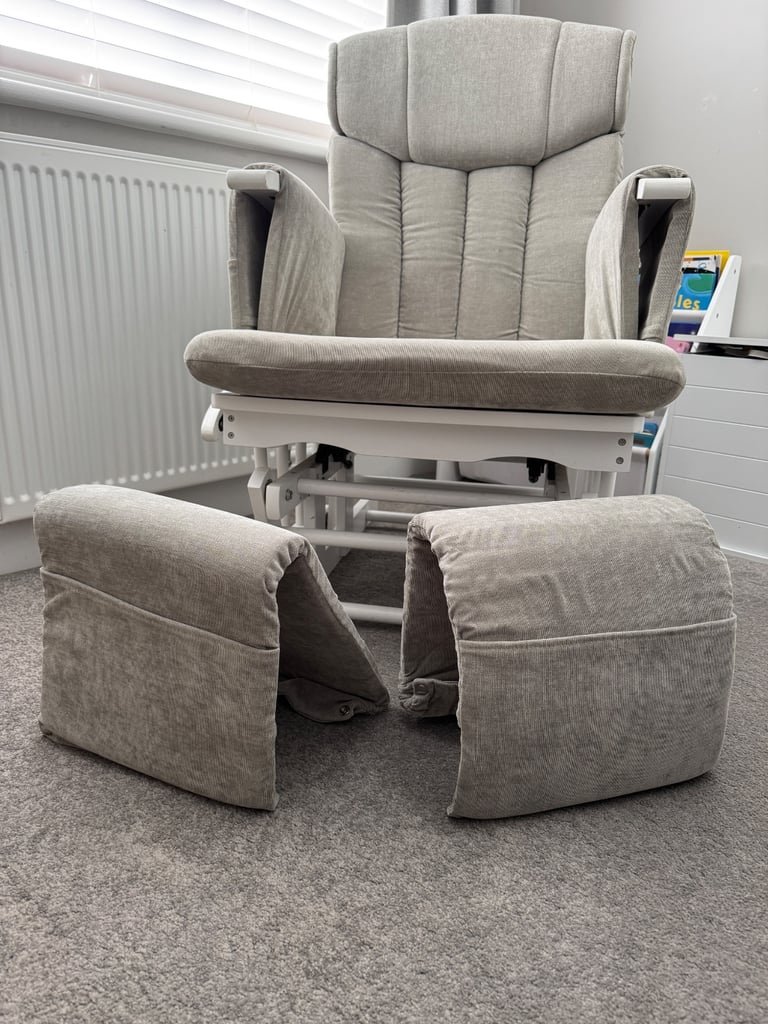 KUB - CHATSWORTH GLIDER NURSING CHAIR & STOOL (White wood with Grey upholstery)