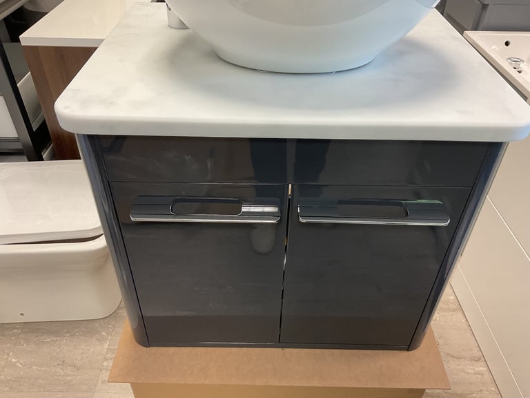 Roper Rhodes Anthracite wall hung vanity 600, Carrara marble like counter, basin, mixer & waste