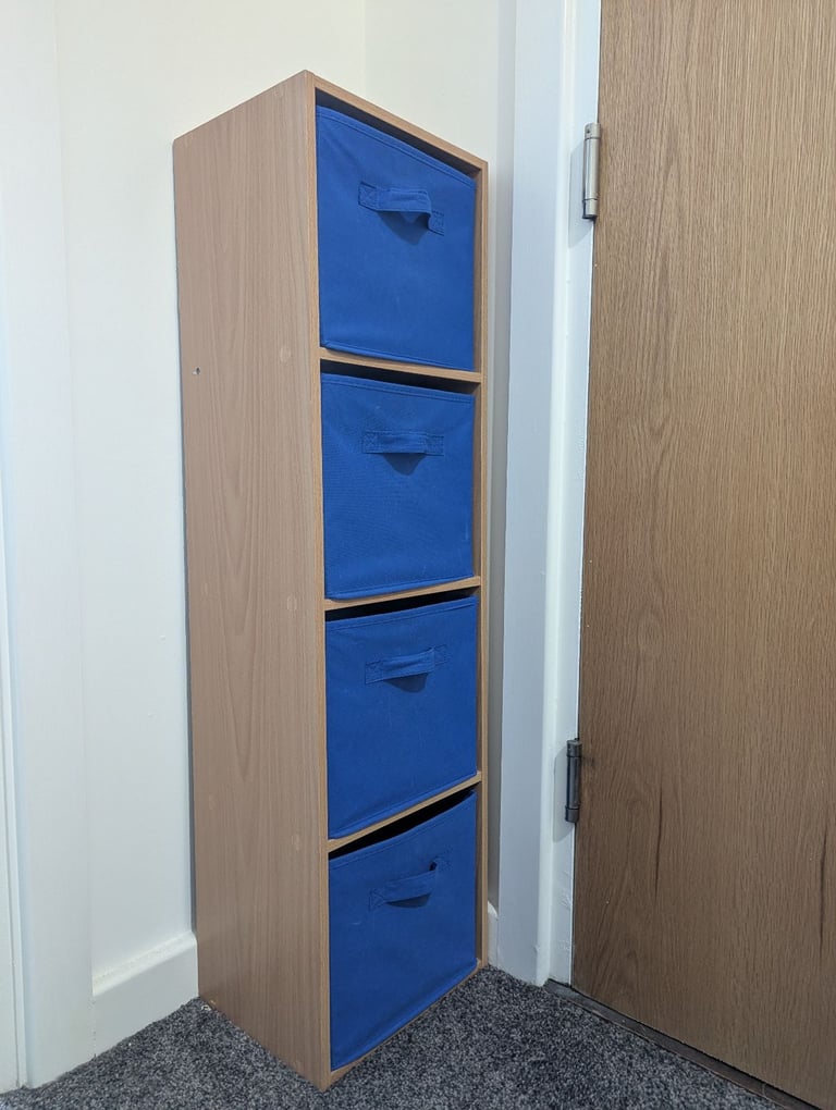 Slim 4-Tier Storage Shelf with Blue Fabric Bins