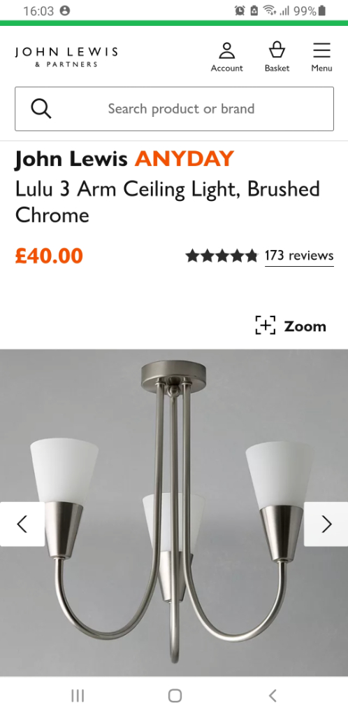 John Lewis Lulu 3 Arm Ceiling Light Brushed Chrome