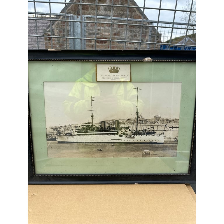 Framed Photograph H. M. S Medway Maiden Commission 1930