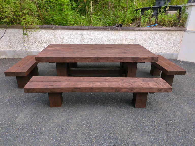 Large garden / patio table with 4 benches | seats 6 - 12 people 