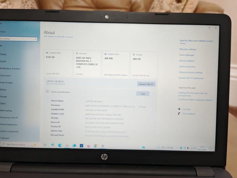 HP 255 G6 Notebook AMD A9-9425 Radeon R5 Graphics 8GB RAM 500GB Windows 10