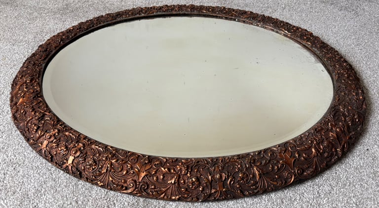 Large, Antique, Ornate, Bronzed Oval Mirror