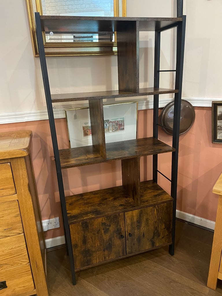 Shelving & cupboard unit in wood and black iron, very attractive vgc