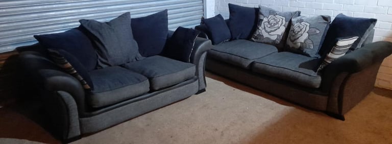 Grey and Black fabric 3 seater and 2 seater sofa with reversible back cushions