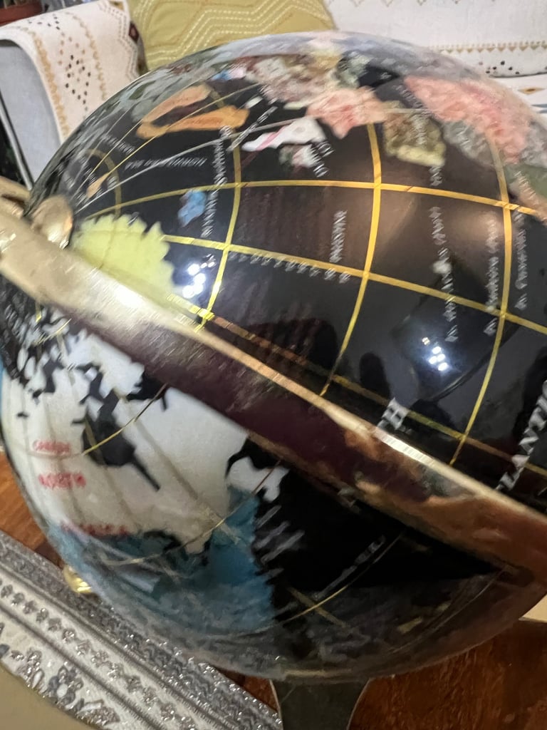 World Globe semi precious gemstone, brass stand