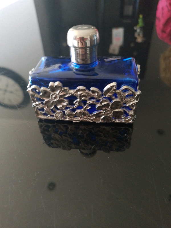 Antique Silver patterned blue perfume bottles 