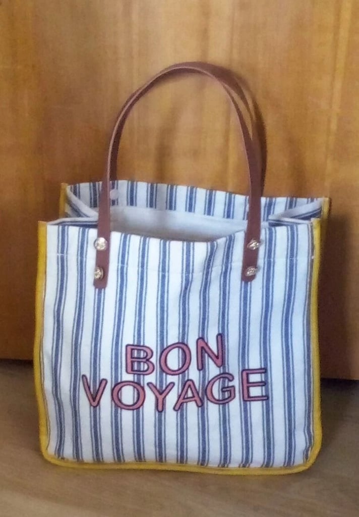 image for Nautical Buttons Detail Large Bon Voyage Cream Blue Grey Striped Beach Tote Bag.POST OR COLLECT!