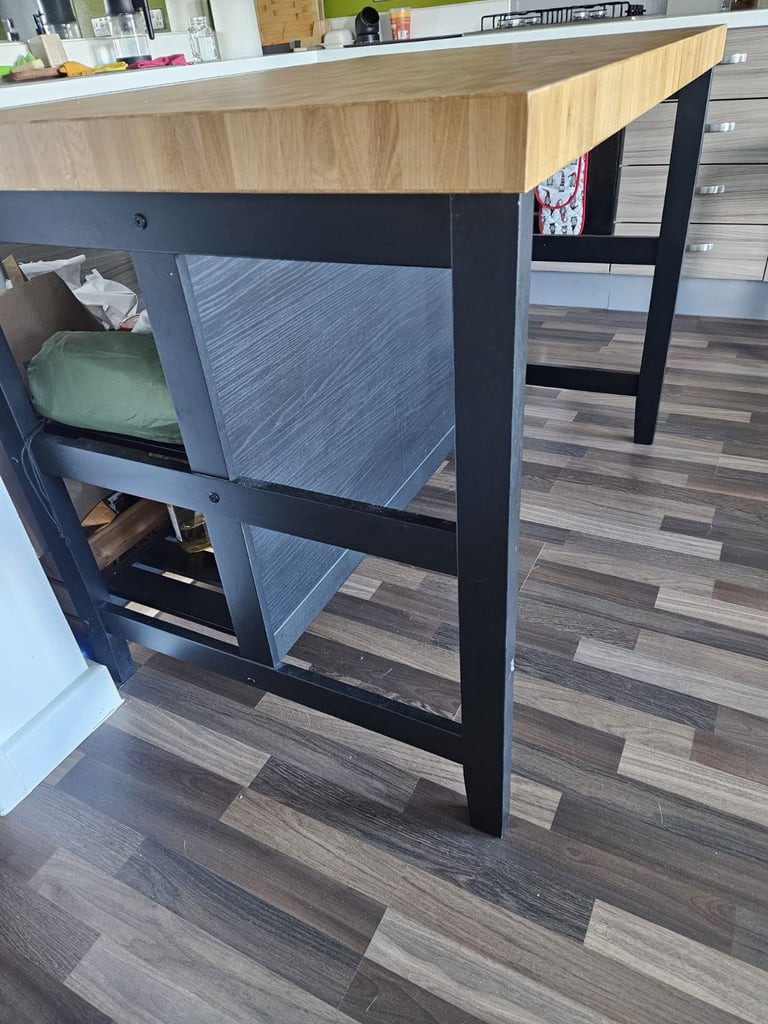 VADHOLMA Kitchen island, black/oak, 126x79x90 cm