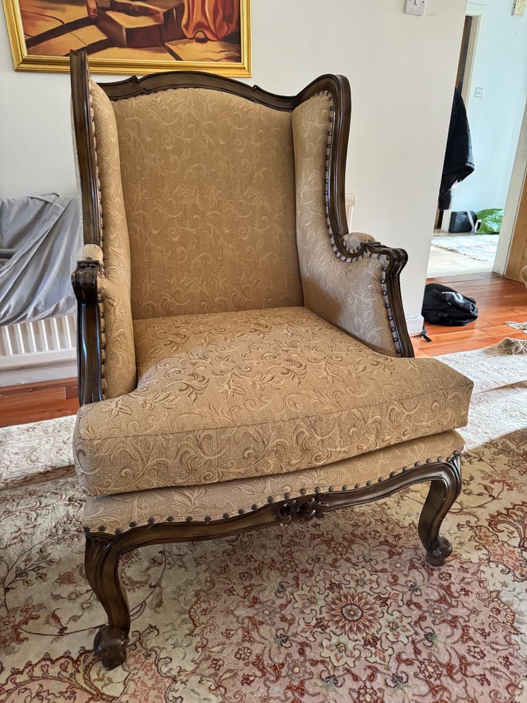 Antique Style Wingback Armchair - Carved Wood Frame & Jacquard Fabric