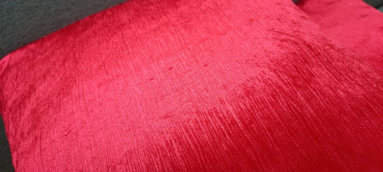 4 New Red Cushions from Dunelm Mill, 43x43cm, 17x17", Velour, Slight Shimmer, RRP £8+£5 each