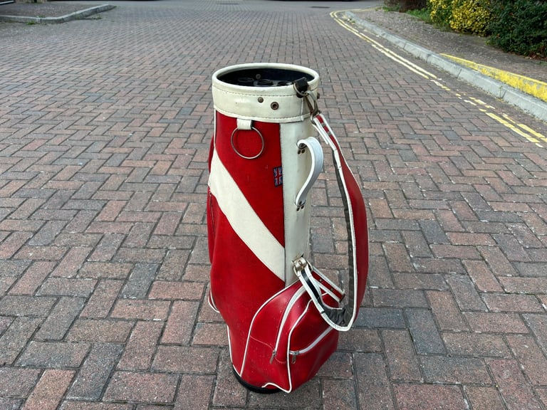 image for Rare 70s Vintage Karobes Leather 14 Way Divider Golf Club Carry Cart Bag Red