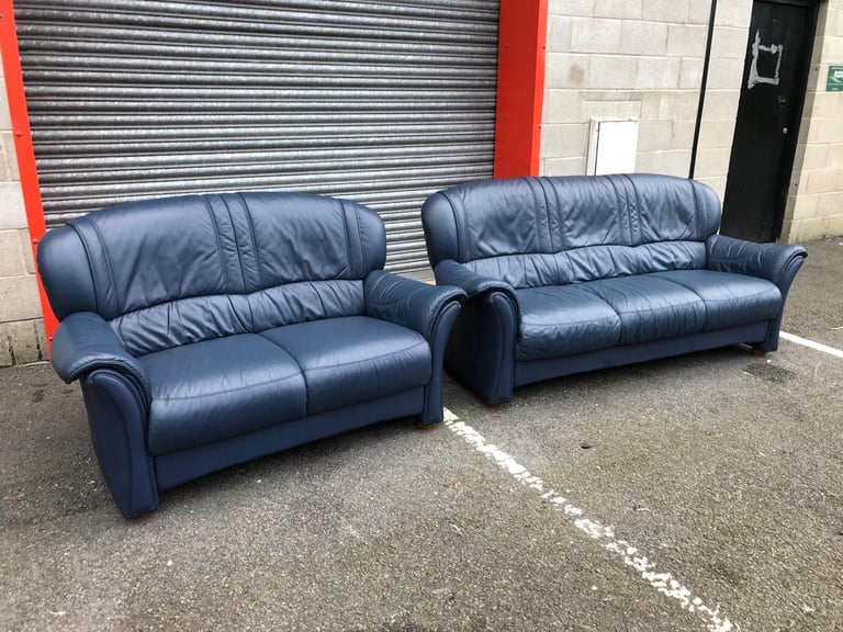 Blue Italian Leather 2 and 3 Seater Sofas 