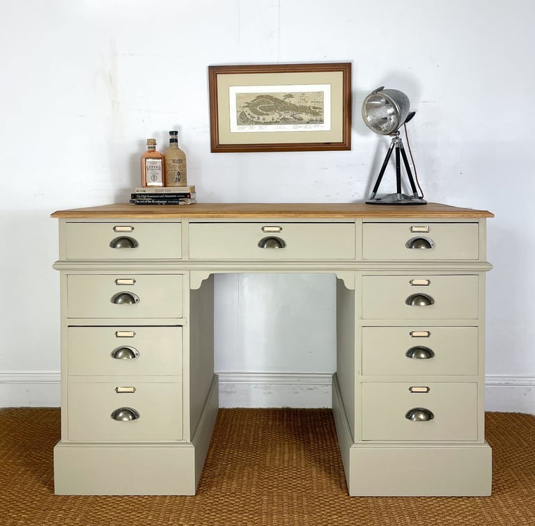 image for 4ft Double twin pedestal solid pine desk Dressing table - panelled free standing