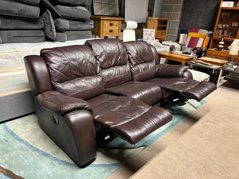 RECLINER Brown Leather 3 Seater Sofa 