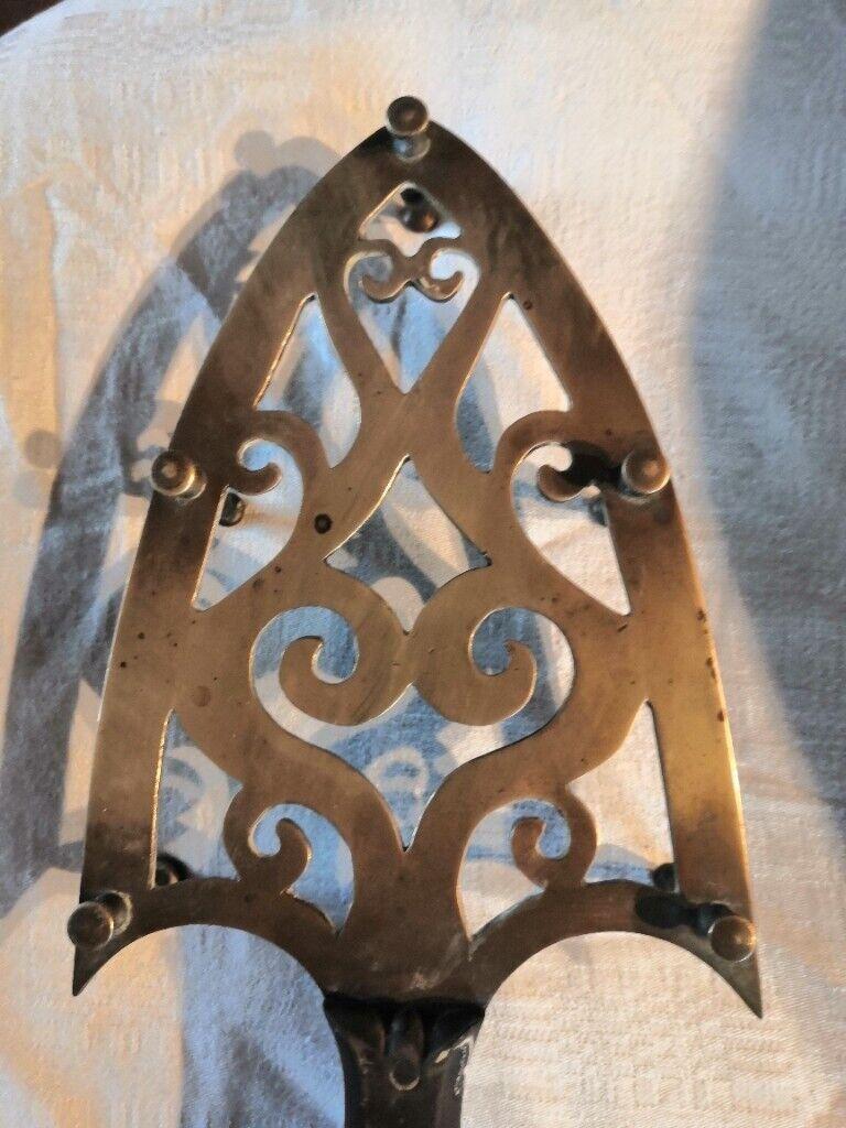 Antique/Vintage Wood & Solid Brass Iron Shape Stand/Trivet - Decor
