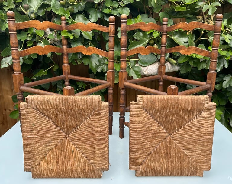 VINTAGE FRENCH BOBBIN LEG CHAIRS, CORNER CHAIRS, RUSH SEAT, H74cm - 1900s ARTS & CRAFTS - WILL POST!