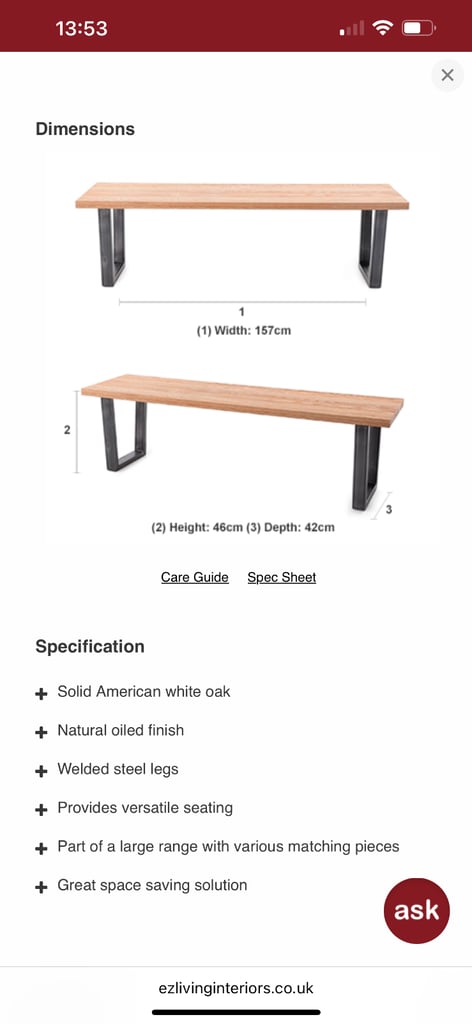 Solid wood dining table and bench