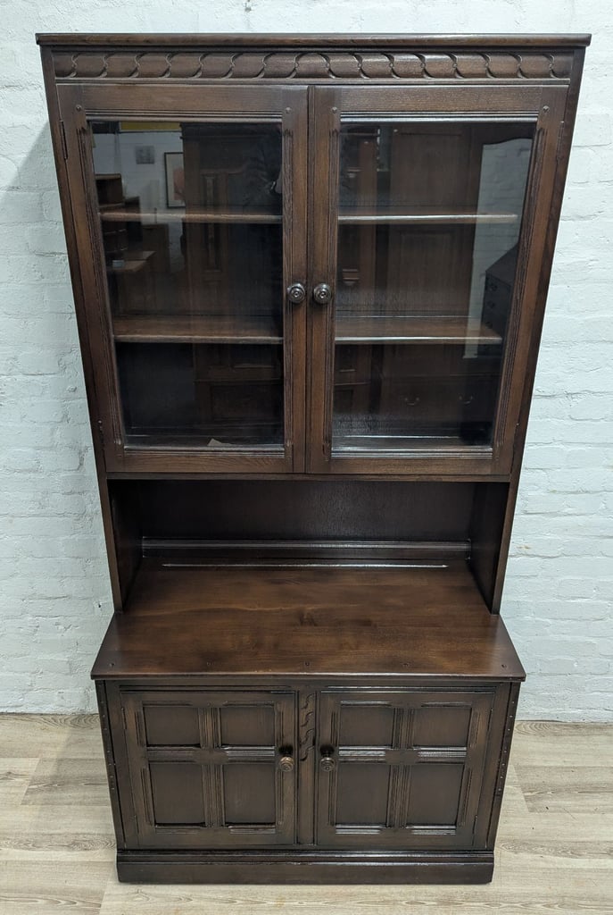 Ercol 586L & 580 Mural glazed bookcase over 2 door cupboard unit dark finish