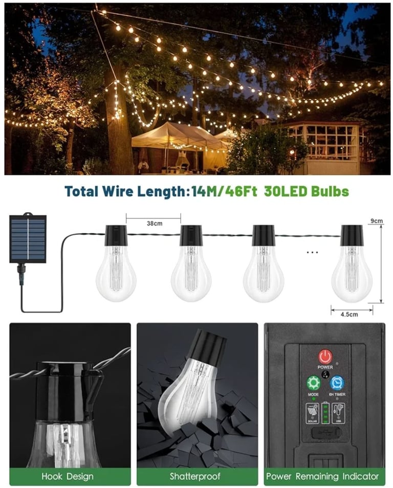 Usb & Solar Festoon Lights Outdoor 14M/46FT