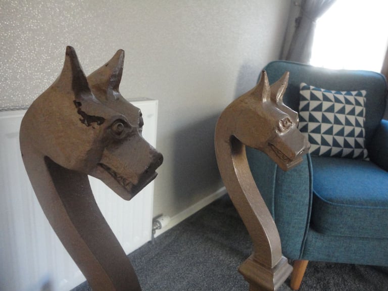 pair of heavy hand forged vintage ornate fire dogs , Andiron, wood burning fire 