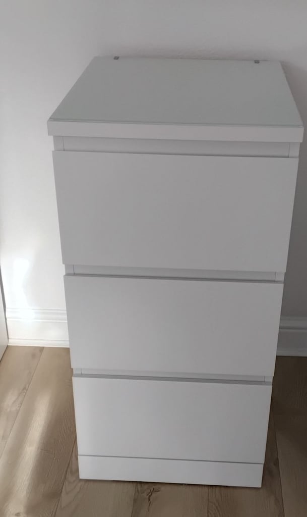image for Bedside Chest of 3 Drawers White & Glass Top