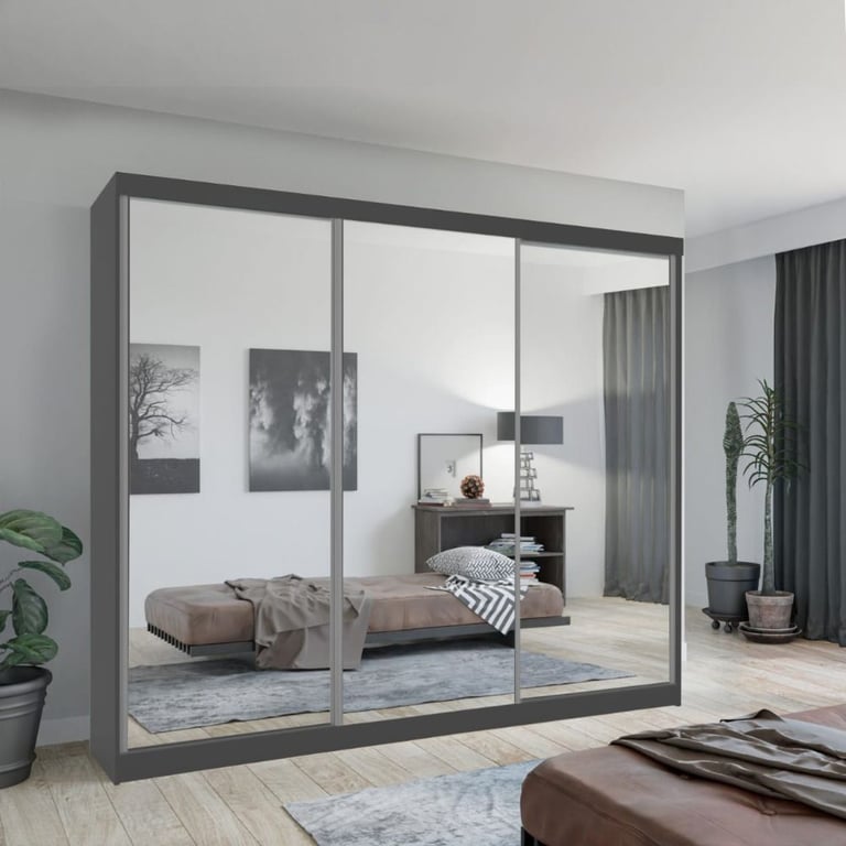 Brand New 2 or 3 Doors Sliding Wardrobe with Mirrors & Drawers in Black Grey White Oak