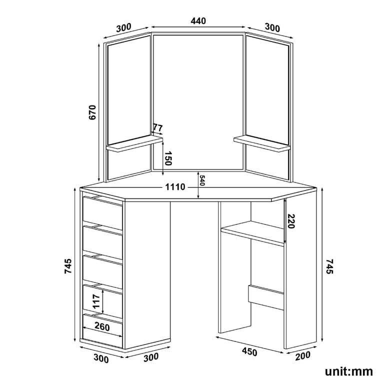 New Black 5 Drawers Makeup Desk with Mirror and Stool RRP £215 Our Price £140