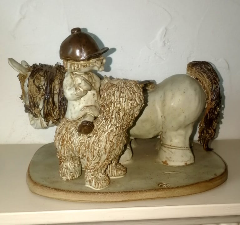 image for Unusual Ceramic Horse, Shaggy Dog with Rider Figure Ornament Cartoon Style