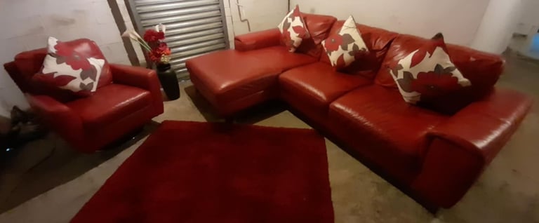 Beautiful Red Leather chaise corner sofa and red swivel chair very stylish modern design