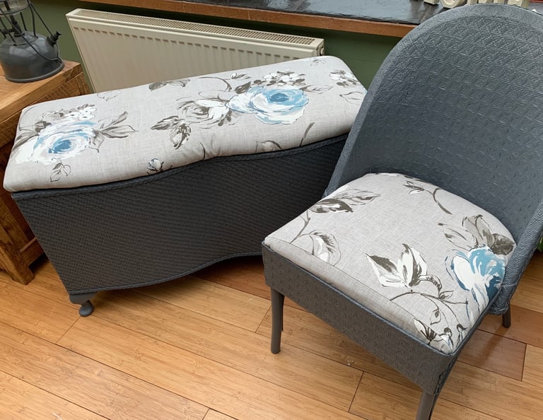 Wicker & fabric ottoman with matching chair & laptray