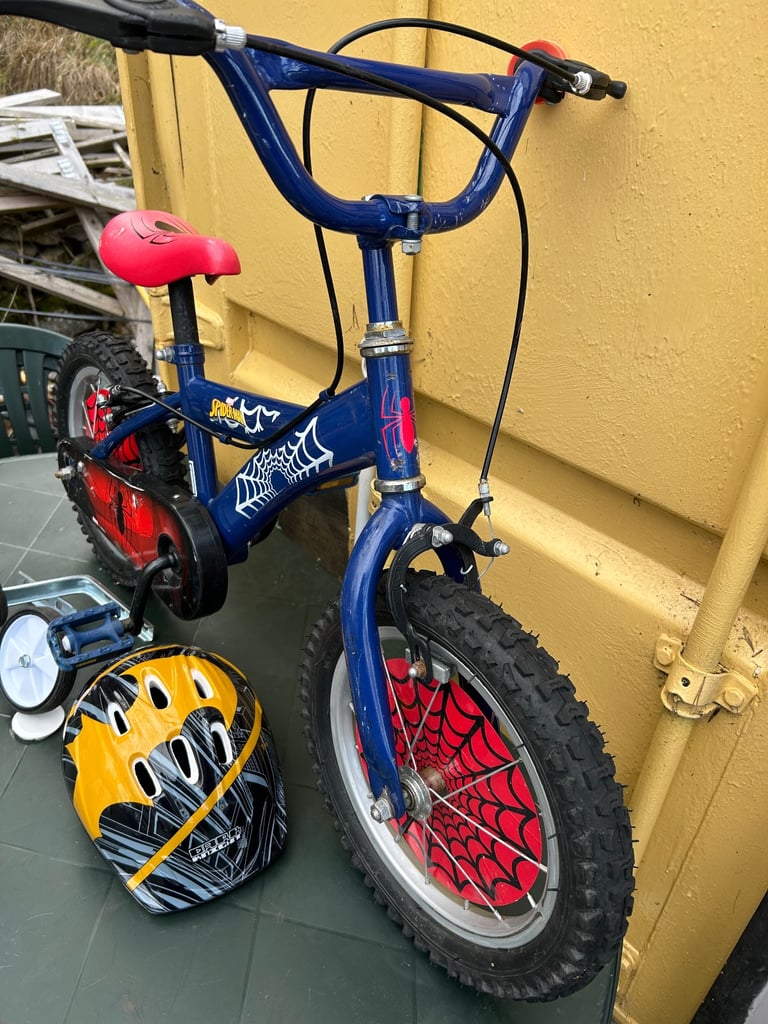 Spiderman marvel kids 14” bike pump up tyres stabilisers helmet lot 