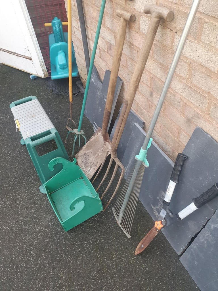 Joblot Of Garden Tools - Fork, Shovel , Hoe, Rotivator, Rake, Cutters , Kneeling Box & Tray , Decent