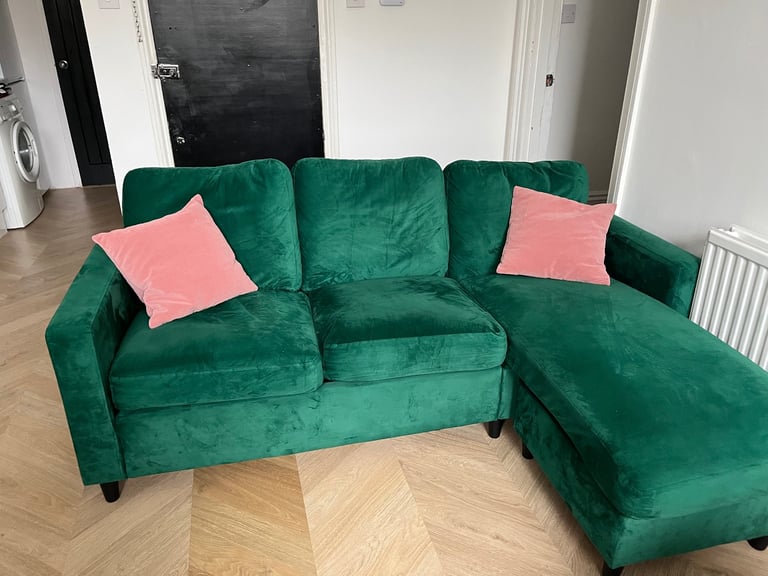 3 Seater Sofa with Reversible Chaise in Green Velvet