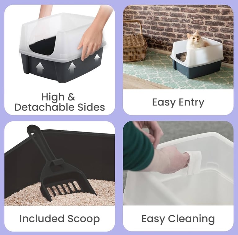 Iris Ohyama Cat Litter Tray with Scoop Grey Easy to Clean Adult Cats Litter Box