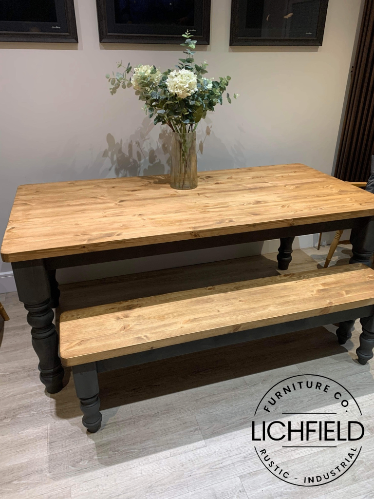 image for FARMHOUSE DINING TABLE + BENCH SET / Made Any Size - Wax + Paint Colour Choices 