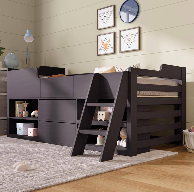 image for Kids Wooden Cabin Bed Mid Sleeper Bed Frame Storage Bed with Drawers and Shelves