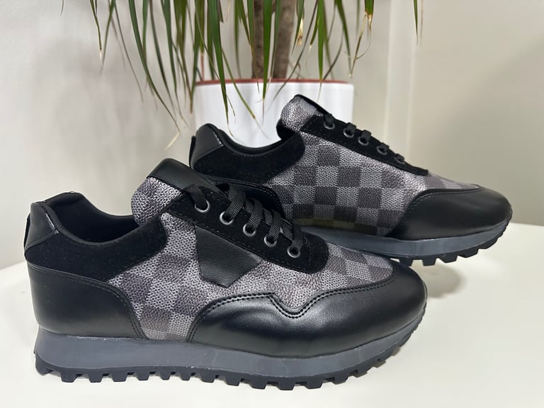 Men’s sports checkered trainers - Black white grey brown off white beige - All sizes UK 7 to UK 11