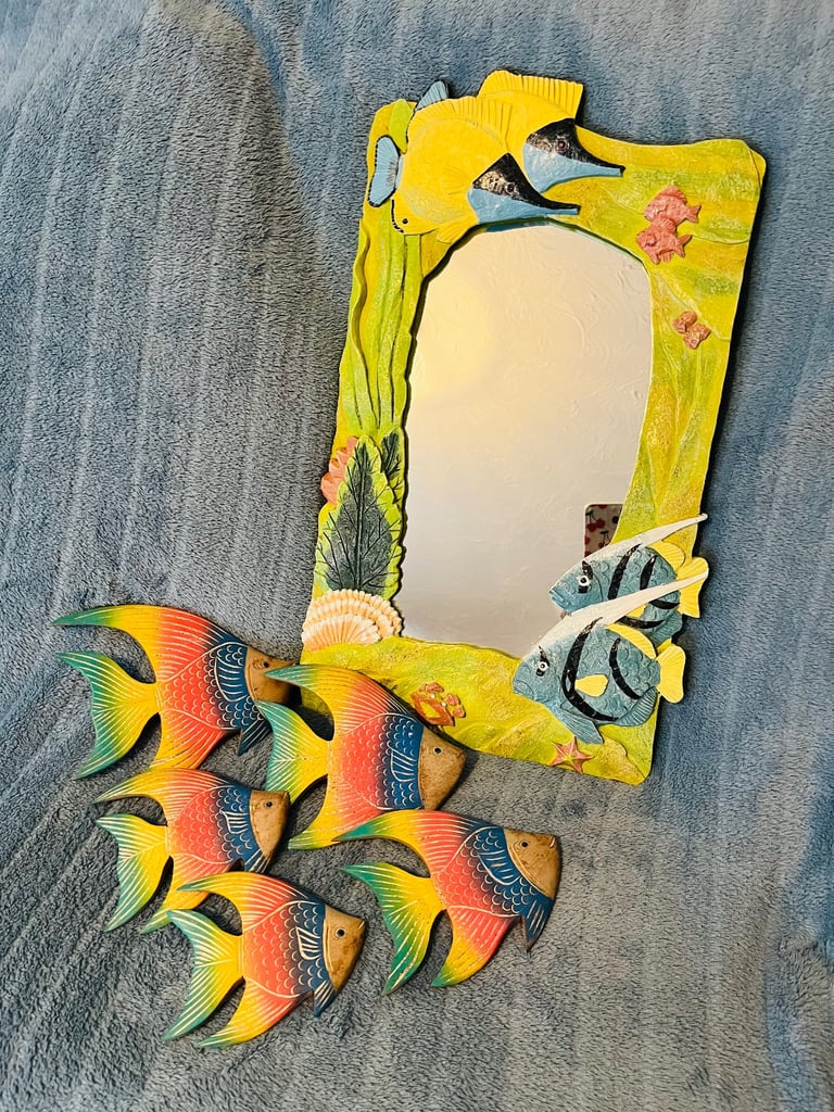 image for FISH MIRROR & WOODEN FISH. VERY COLOURFUL. Medium Size.  